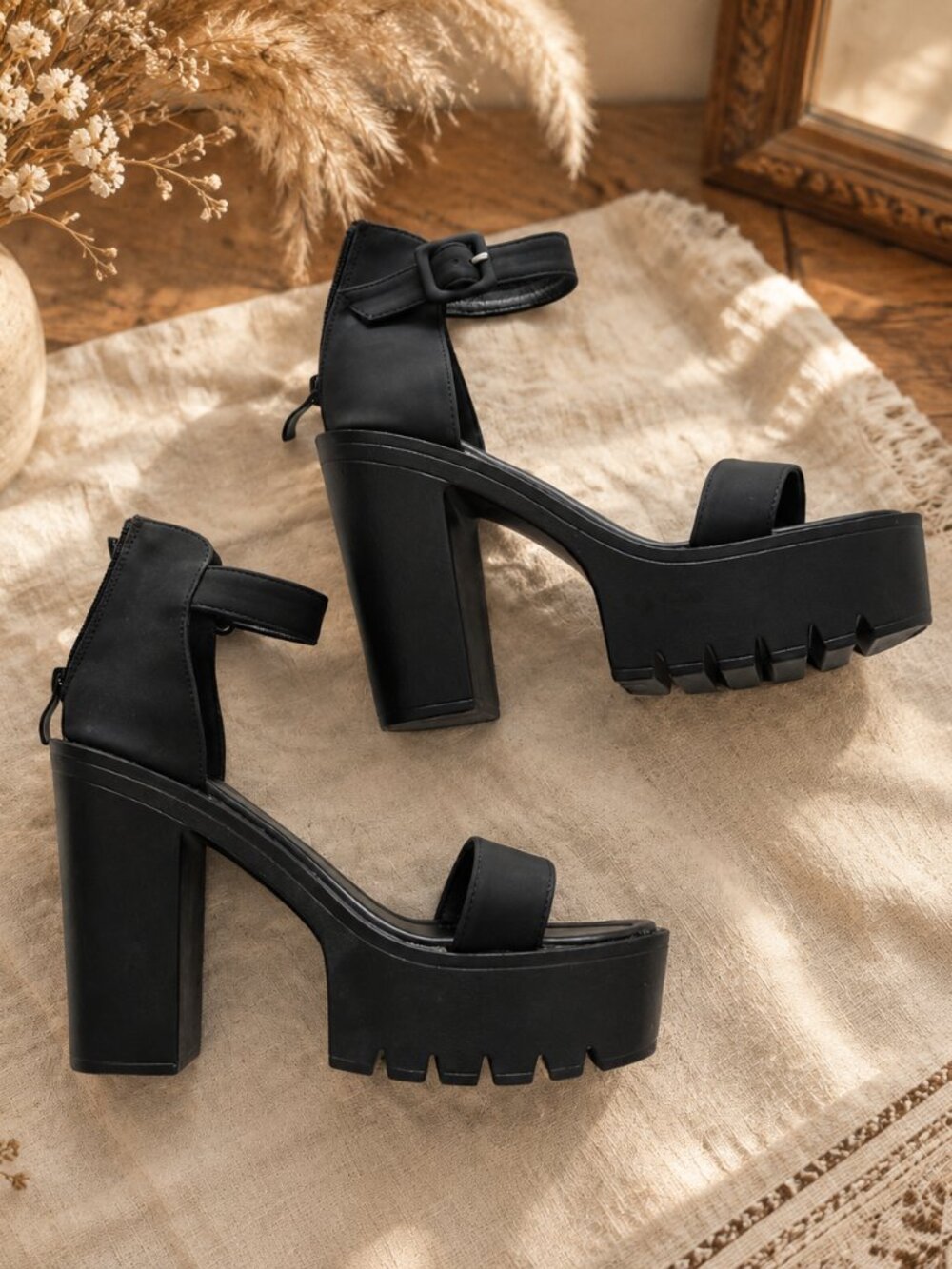 Platform Heels, Zip Back Ankle Strap Heel — Size 9